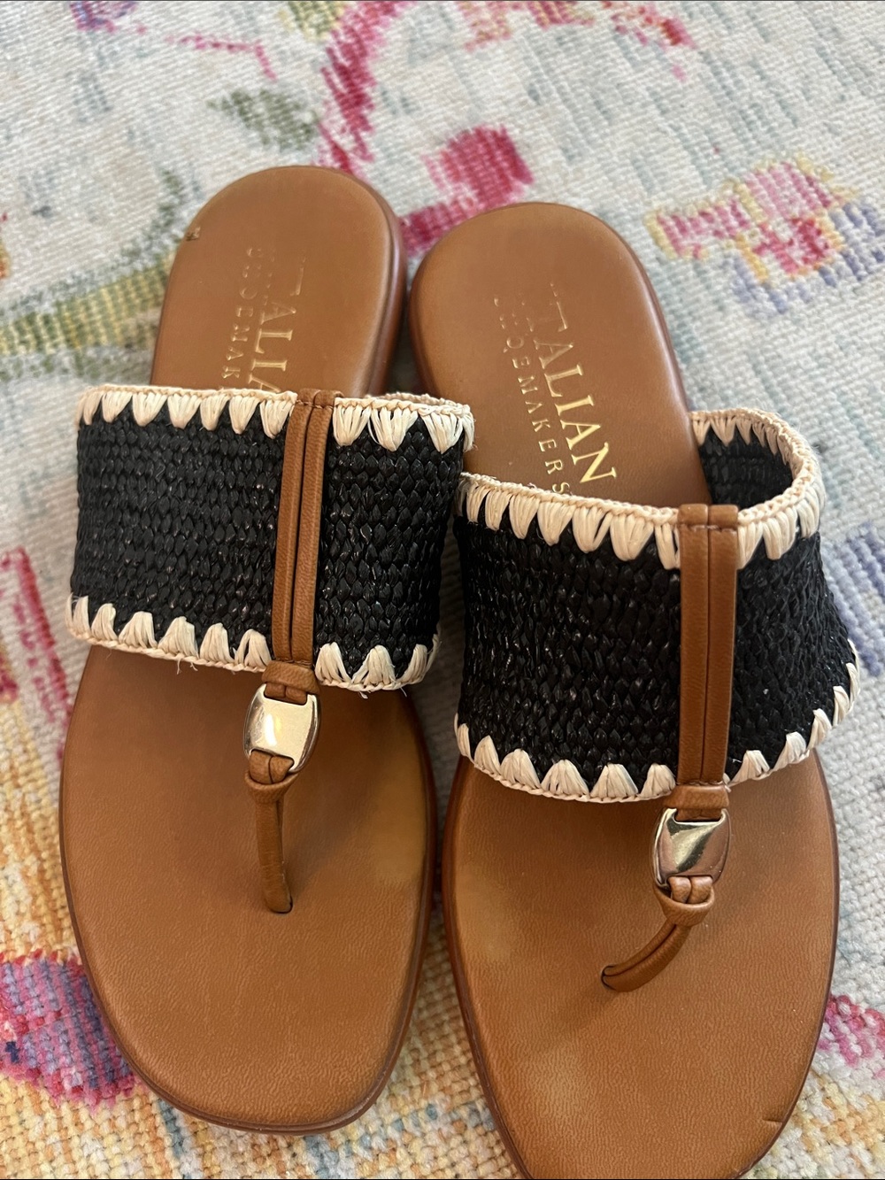 Italian Shoemakers Black and Brown Woven Thong Sandals